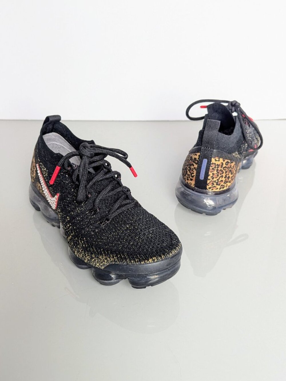 Nike Air VaporMax Flyknit 2 Black Cheetah Print Size 7.5 Custom Rhinestone Logo